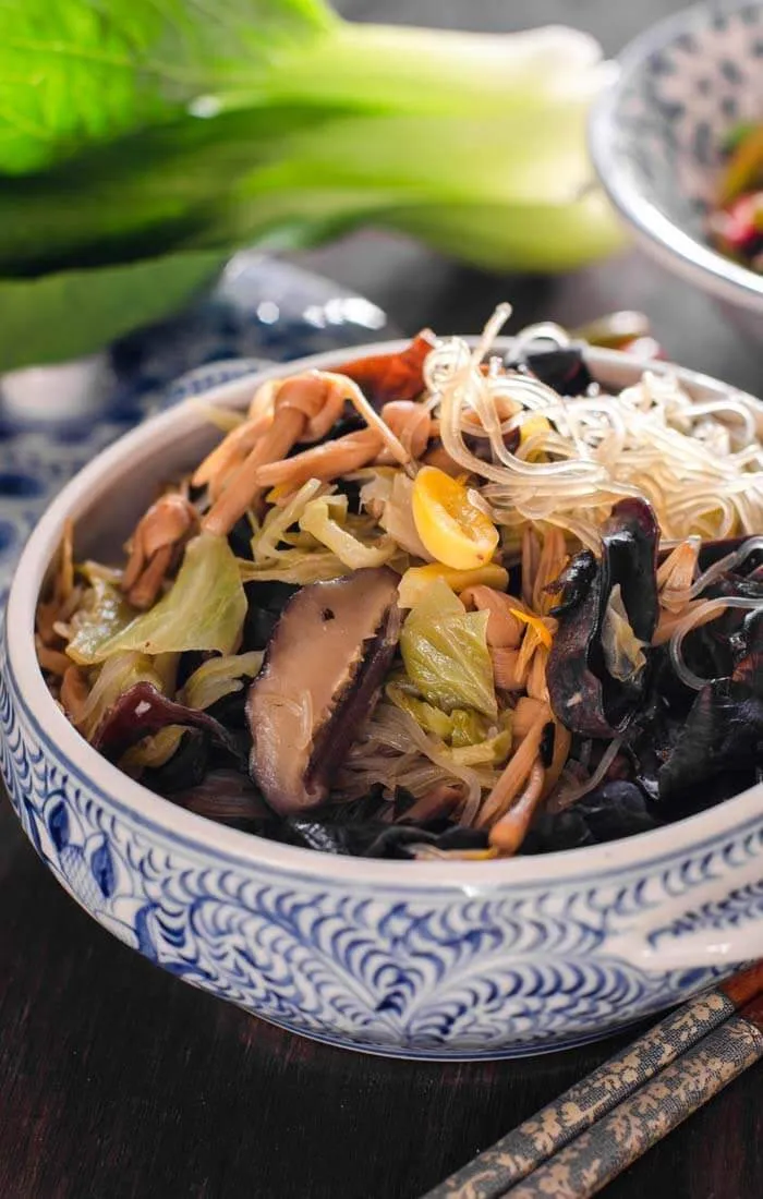chap chye with glass noodles, dried lily flowers and mushrooms