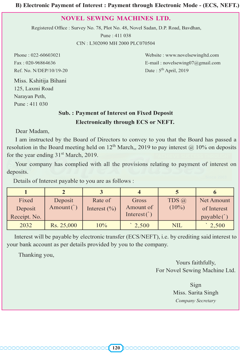 Draft a letter to the depositor informing him about payment of interest electronically.