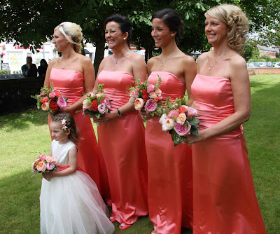 Coral Bridesmaids Gowns Fresh flower Bouquets in Pink Coral Apricot