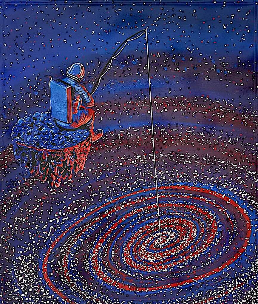 Flooko art, an astronaut fishing in the universe