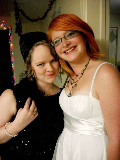 Roommates contrasting opera outfits, vintage style opera dresses, Adventure in the Past Blog