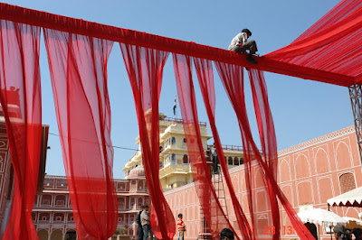 Photo of people working on decorations inside the Jaipur City Palace