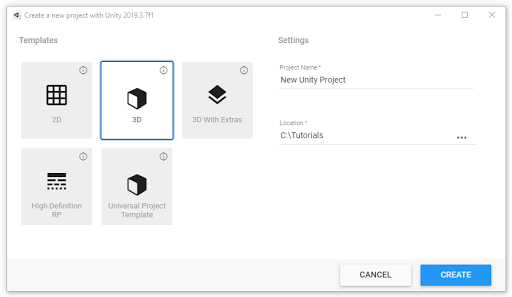 Creating a new 3D project in Unity Hub