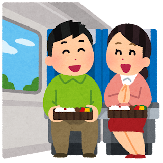 列車内で弁当を食べている人のイラスト