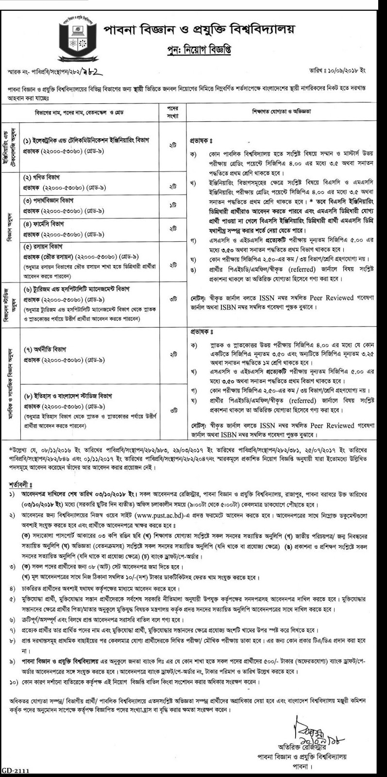 Pabna University of Science & Technology (PUST) Job Apply Instruction, Educational Qualification, Salary, Application Fee, Age and Other Information