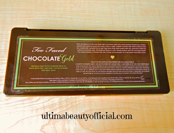 Back of Too Faced Chocolate Gold Palette with ingredients listed.