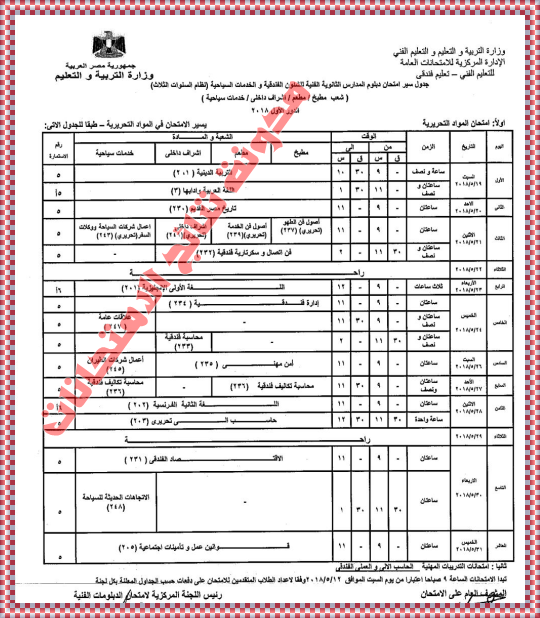 جدول امتحانات شهادة الدبلوم الفنى الثانوى الفندقى 2018 جداول الدبلومات الفنية