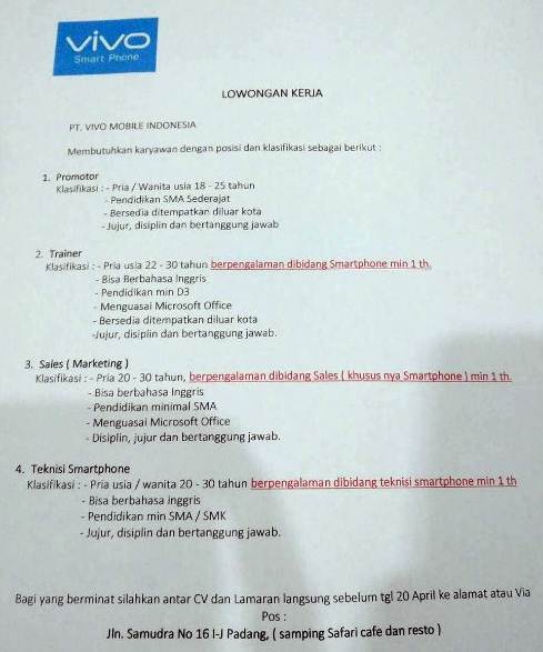 Lowongan Kerja PT. Vivo Mobile Indonesia April 2017 