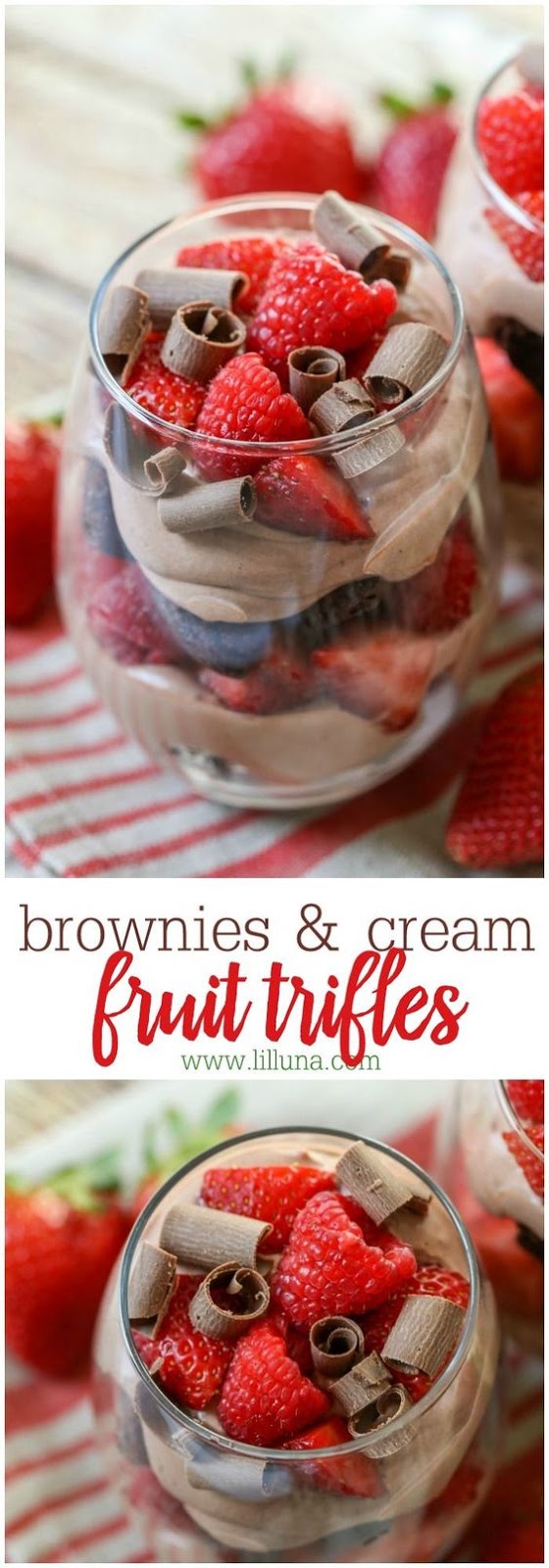 Brownies and Cream Fruit Trifle - a chocolatey dessert filled with brownie chunks, chocolate cream, strawberries and raspberries and chocolate curls!