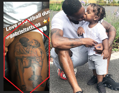 England and Manchester City ace, Raheem Sterling who netted the opener as Citizens defeat Arsenal Sunday, the opening match for the 2018/19 English Premier League season celebrated his goal-scoring start to the new season by adding to his collection of tattoos.  The 23-year-old who plays as a winger and attacking midfielder for City took to Instagram to show off his new ink, which shows him and his one-year-old Thiago as he sat on a football.