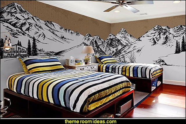 snow mountain wall painting wallpaper mural log cabin - rustic style decorating - Cabin decor - bear decor - camping in the northwoods style  - Antler decor - log cabin boys theme bedroom - Cabin Bedding - Rustic Bedding - rustic furniture - cedar beds - log beds - LOG CABIN DECORATING IDEAS - Swiss chalet ski lodge murals - camping room decor - hunting and fishing theme decorating