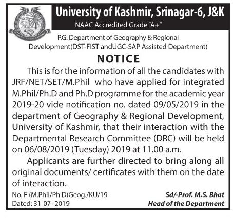 University of Kashmir Notice regarding Schedule of interaction with DRC 