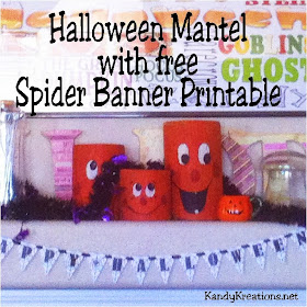 Decorate your mantel for Halloween with thrift store finds and free printable.  You can make a Thrifty Halloween Mantel that will be scarily cool with this Spider Banner and unique jars found for cheap around your house and neighborhood.  You'll have a fun mantel with a bit of scare.