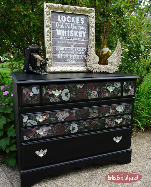 PRIMA REDISGN COLOR TRANSFER DARK ROMANCE Vintage maple dresser turned romantic vintage Floral  color transfers and general finishes lamp black milk paint