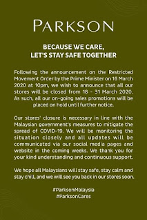 Parkson Malaysia Temporary Closed Due to Restriceted Movement Order (18 March Until 31 March 2020)