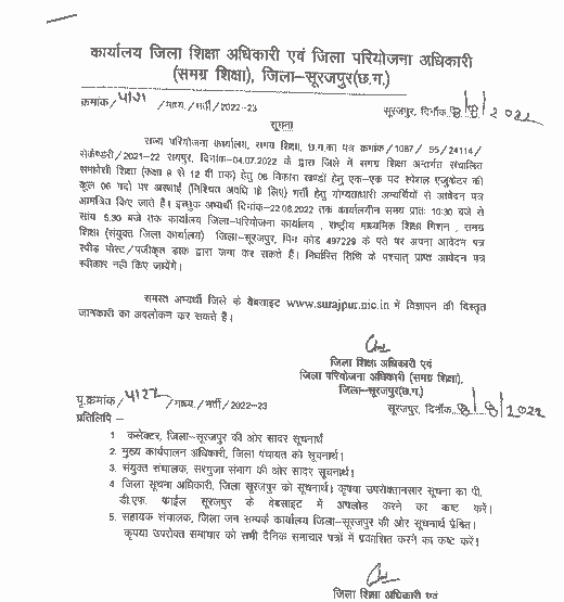 SHIKSHA VIBHAG SURAJPUR CG VACANCY 2022 | शिक्षा विभाग जिला सूरजपुर छत्तीसगढ़ में बीएड पास वालों की वेकेंसी