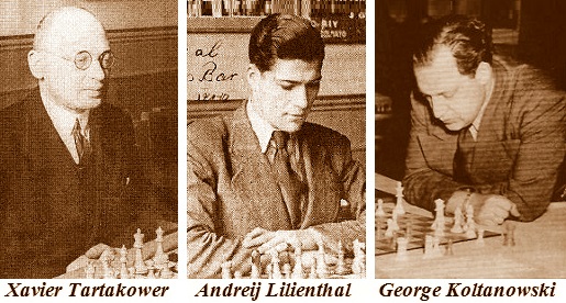 Los ajedrecistas Lilienthal, Tartakower y Koltanowski