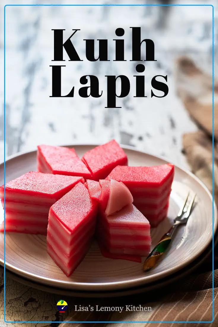 Kuih Lapis also known as kue lapis or Gao teng Kueh, a 9 layer kueh recipe (九层糕) is a traditional Asian dessert. Kuih Lapis is very popular among Malaysians, Indonesians, and Singaporeans.  Kuih Lapis is made of rice flour,  water, sugar, coconut milk, pandan leaves and red food colouring.  Kuih lapis is made by steaming layer by layer with alternating colours.