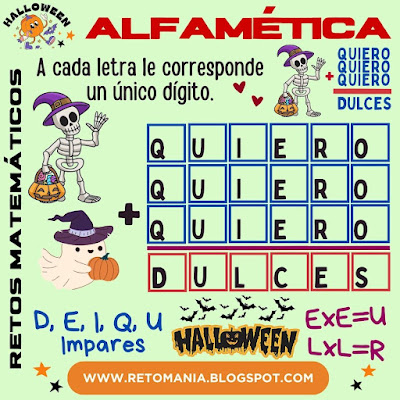 Desafío matemático, Reto matemático, Problema matemático, Problemas visuales, Retos visuales, Retos mentales, Halloween, Día de Halloween, Día de los niños, Día de las Brujas, Alfamética, Criptoaritmética, Suma de Palabras