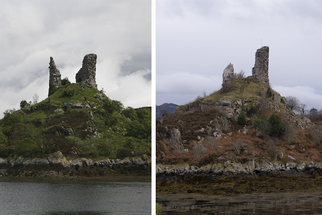 Before and after images of Caisteal Maol, Skye in 2015 and 2018 showing the extent of the lightning storm damage.