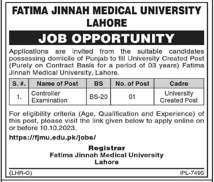Fatima Jinnah Medical University Lahore Jobs 2023