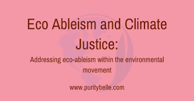 Pale pink image with the text: Eco Abelism and Climate Justice, addressing eco-ableism within the environmental movement