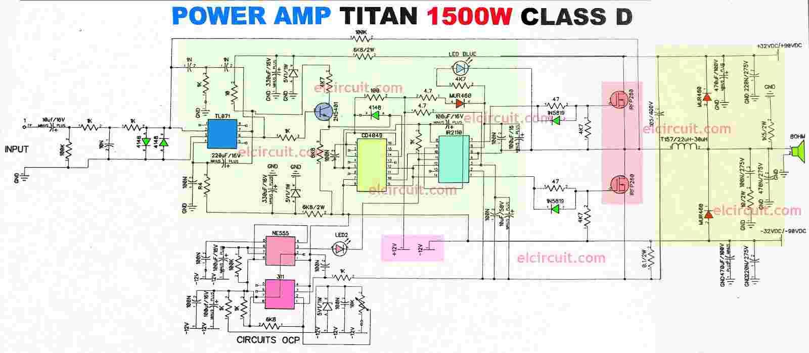 Power Amplifier 1500W Class D IR2110 CD4049 - Electronic Circuit