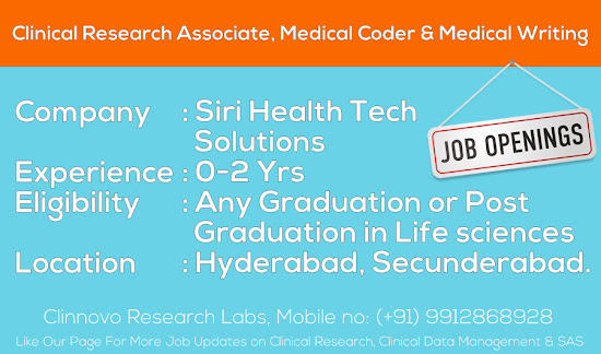 Job Openings: Clinical Research Associate, Medical Coder & Medical Writing at Siri Health Tech Solutions