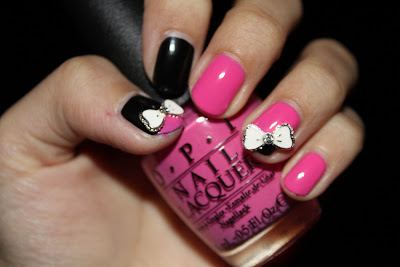 Black, Pink and Ribbon! Simple Vivid Nail Colors 