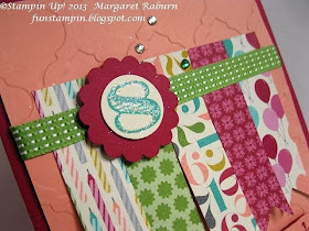 Fun Stampin' with Margaret, CCMC275, Birthday Basics DSP, Memorable Moments and Sweet Essentials stamp sets.  Fun birthday card for any age!  SU.