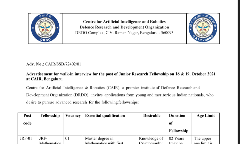 DRDO Junior Research Fellow Recruitment 2021 Apply Online