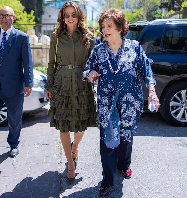 Queen Rania wore a new ruffle tiered long sleeve olive shirt dress Brandon Maxwell. Princess Wijdan