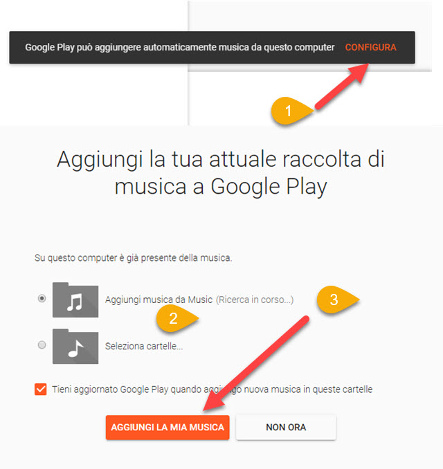 sincronizzazione automatica dei brani tra computer e google play music