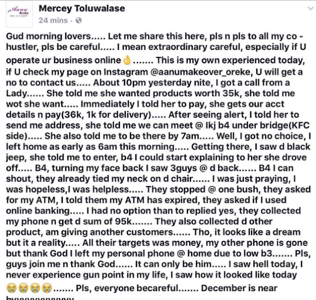 Lady recounts how she fell victim to the new robbery tactic used in Lagos 