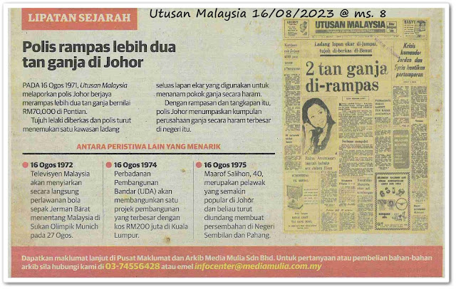 Lipatan sejarah 16 Ogos - Keratan akhbar Utusan Malaysia 16 Ogos 2023