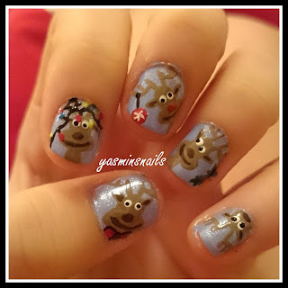 stage 4 of christmas drunk reindeer nail art by yasminsnails featuring holly, snow, baubles, fairy lights, bow ties  