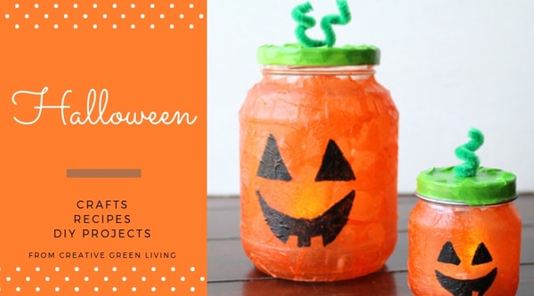 Halloween  crafts, recipes, DIY projects from Creative Green Living - recycled jack o lantern jar craft