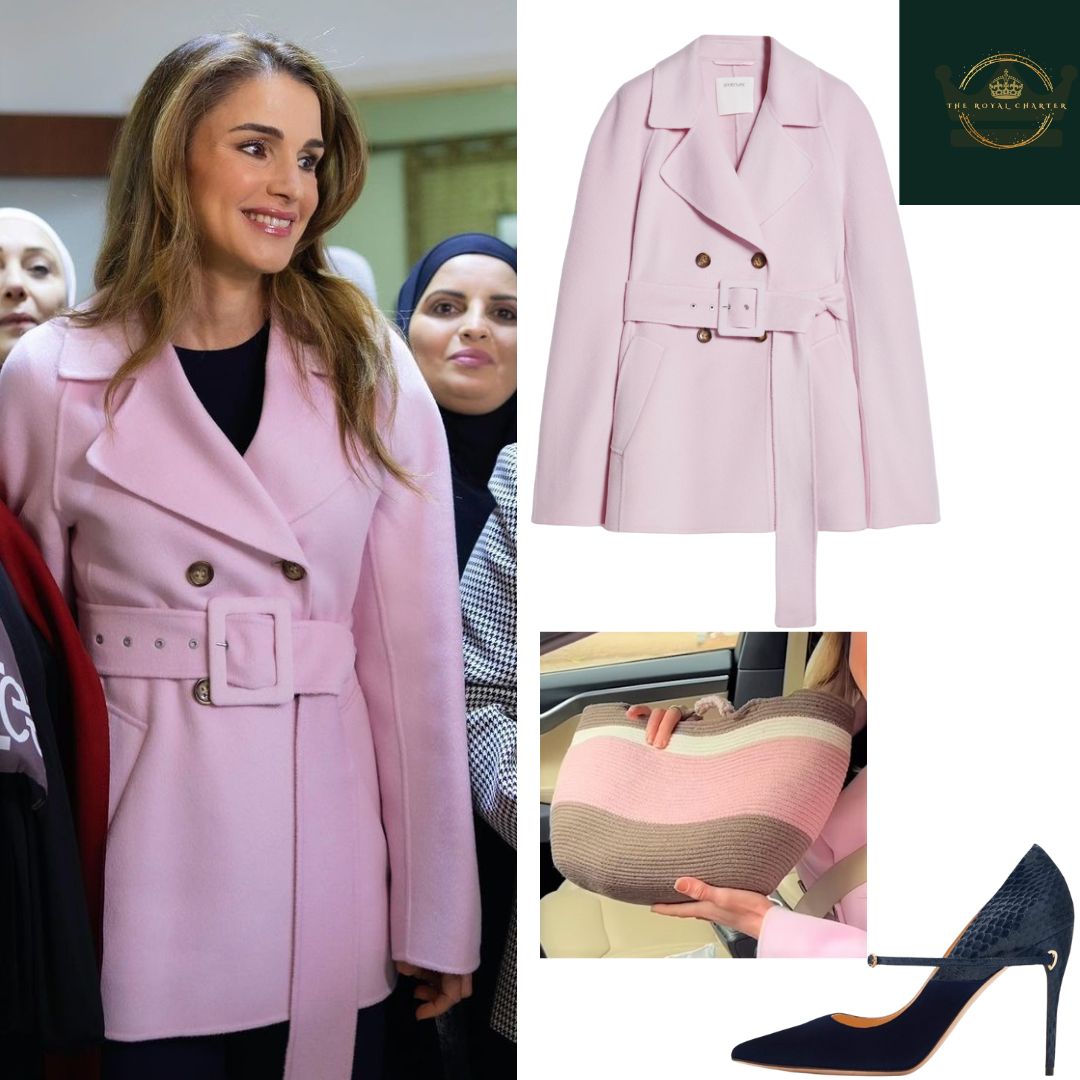Queen Rania was wearing her pink Sportmax “Dritto” Short Wool Pea Coat with blue jeans and Jennifer Chamandi “Lorenzo” 105 Navy Suede & Elaphe Pumps  and Woven Tote from Al Nashmiyat Charitable Society For Woman Empowerment