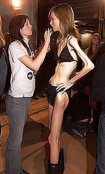 extra skinny thin anorexic model being made up by assistant