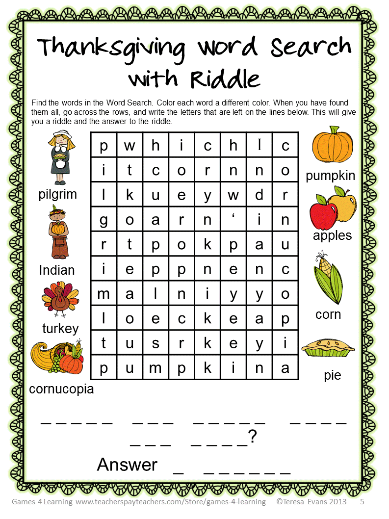 fun games 4 learning thanksgiving word puzzles freebie