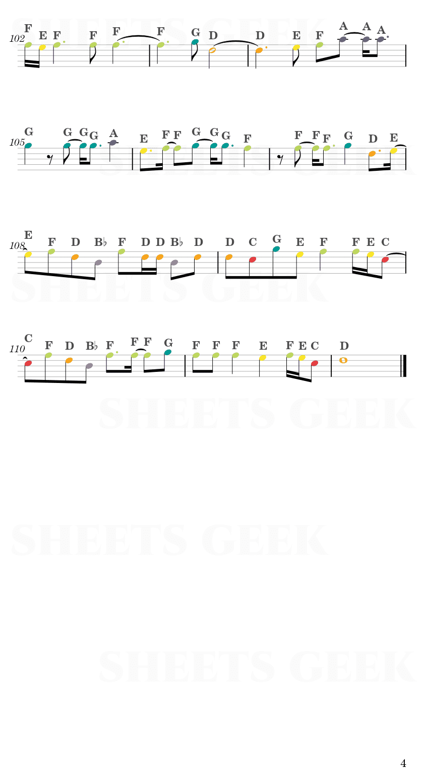 Given - Fuyu no hanashi Easy Sheets Music Free for piano, keyboard, flute, violin, sax, celllo 4