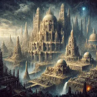 The Grand, Ancient City of Tartaria – A lost civilization with towering spires and intricate domes, partially buried under mud and rubble, with a dark, stormy sky symbolizing its downfall.