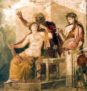 Sileno e Hermafrodito (de pênis ereto) com uma bacante. Afresco de Pompeia
