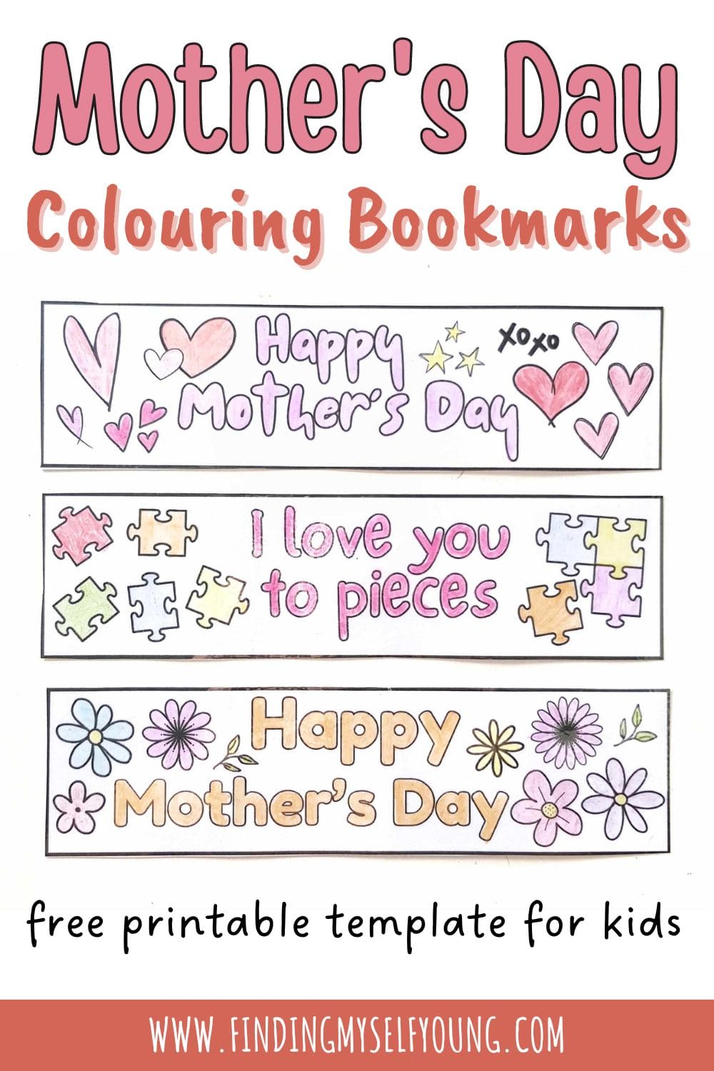 Free printable Mother's Day colouring bookmarks templates for kids.