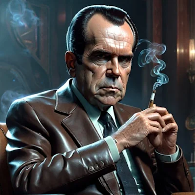 With a mean face wearing a brown leather blazer Richard Nixon scowls with a cigar in hand