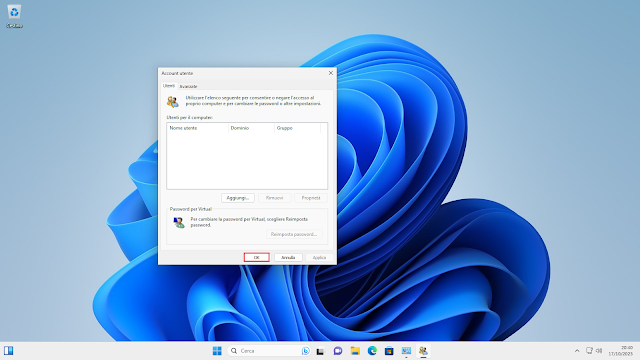 Account utente, cliccare su OK per chiudere la finestra