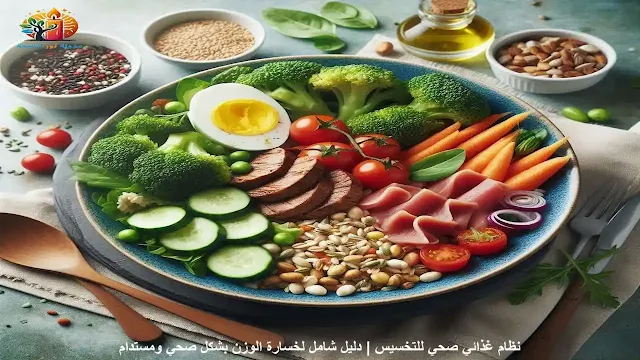 طبق صحي يحتوي على خضروات طازجة، بروتين وحبوب كاملة، يعكس التوازن الغذائي المثالي لنظام غذائي صحي للتخسيس.
