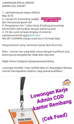 LOWONGAN KERJA URGENT ADMIN COD SAP Express Rembang