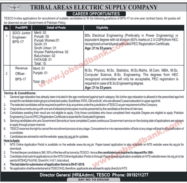 TESCO Tribal Areas Electric Supply Company KPK WAPDA Jobs 2019 Application Form Disable Quota