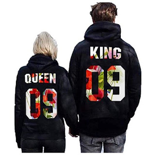 King Queen Couple Hoodies Hooded Sweatshirt Pullover Long Sleeve Pocket Print Hoody